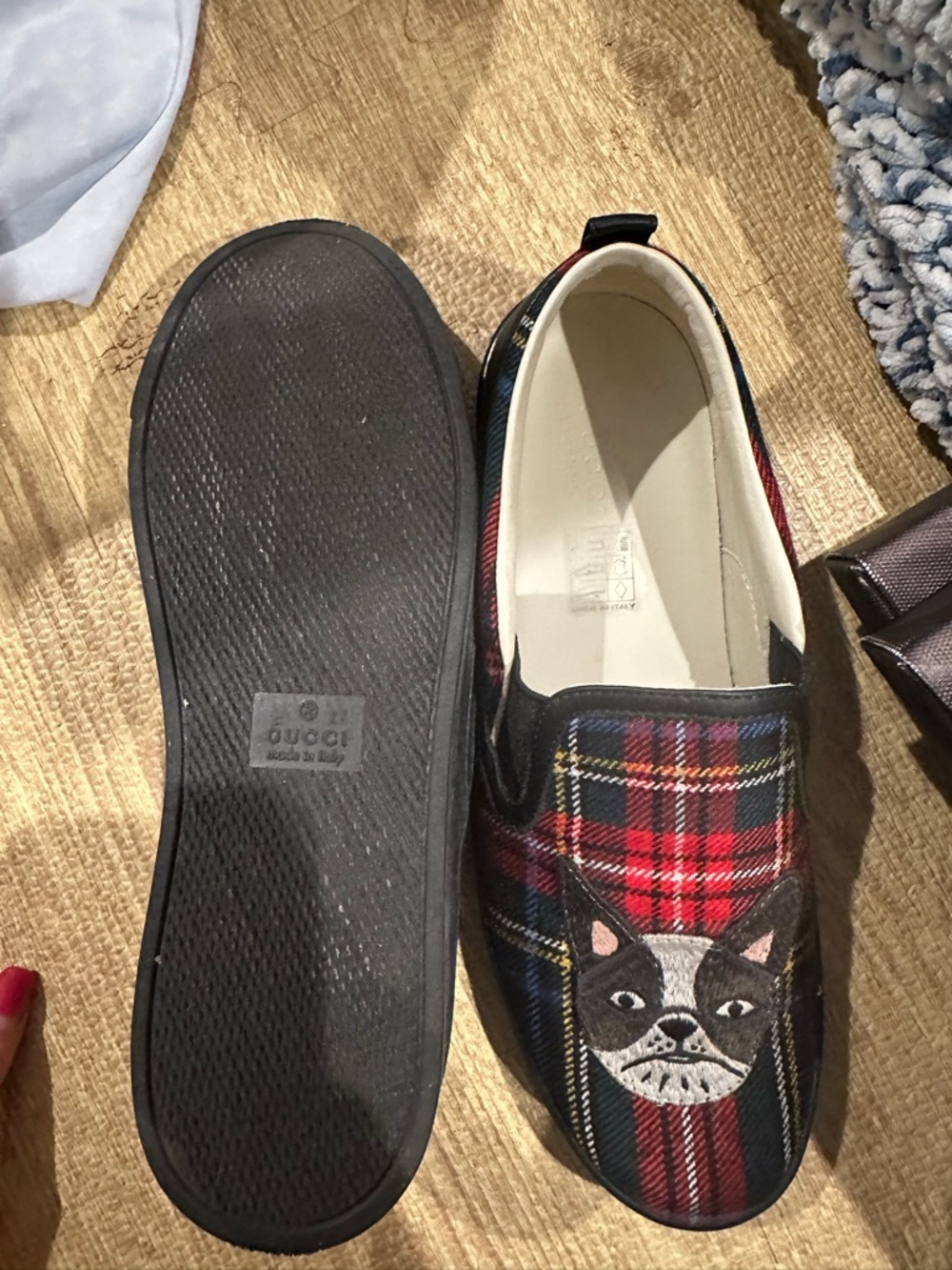 GUCCI Plaid Slip-On Loafers with Dog & Lightning Patch - Red, Navy, Yellow - Picture 4 of 6